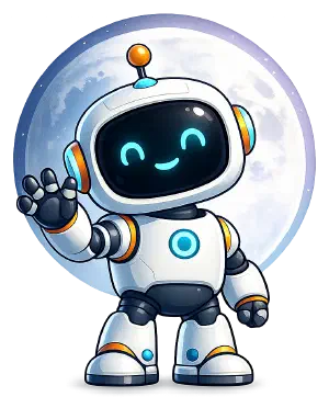 NoHowTech robot mascot in front of the moon